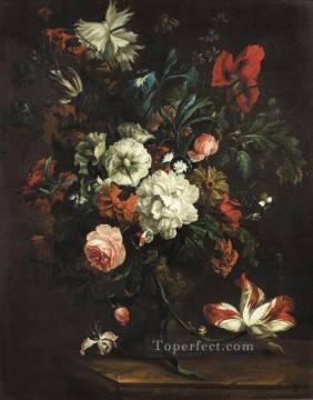 Classical Flowers Painting - Flowers in a vase on a stone slab Justus van Huysum